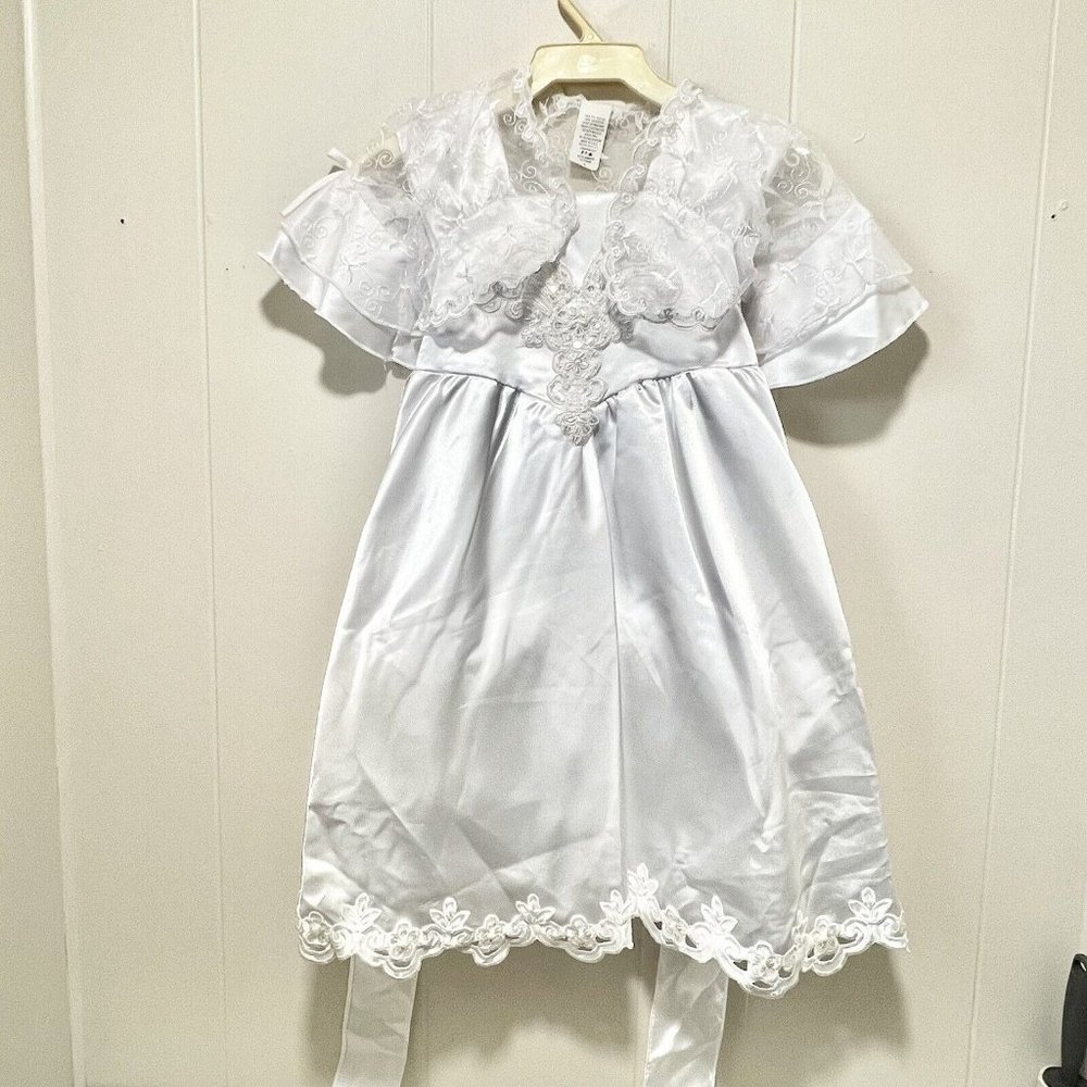 White Embroidery Dress Communion Baptism Flower Girl Holiday With Shawl SZ 4
